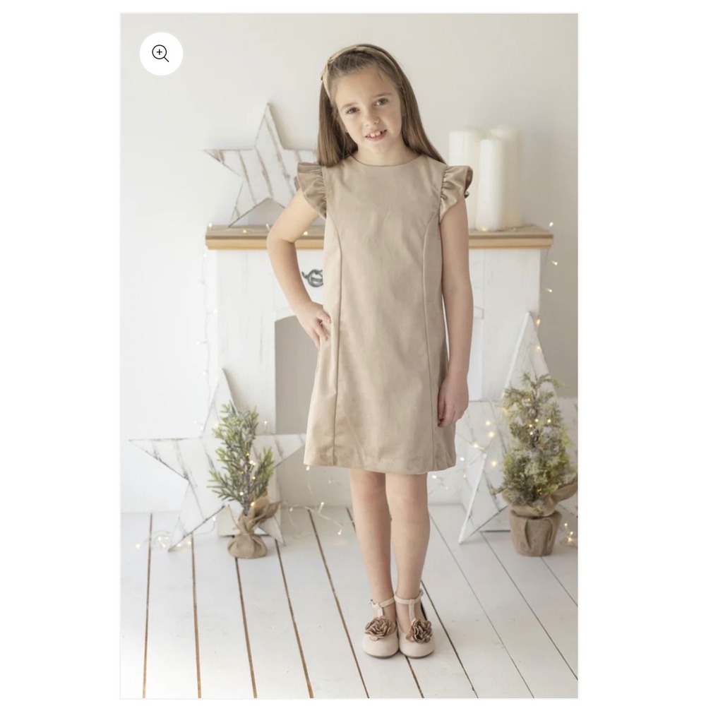Maria Casero Kids Girls Velvet Ruffle Sleeve Dress Size 10 Beige Luxury‎